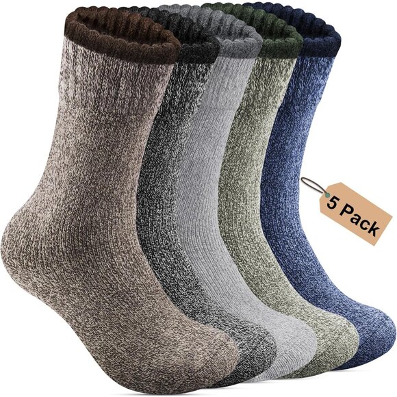 5 Pack Merino Wool Socks - Men's Winter Warm Thermal Hiking Socks for Camping an - Picture 1 of 6